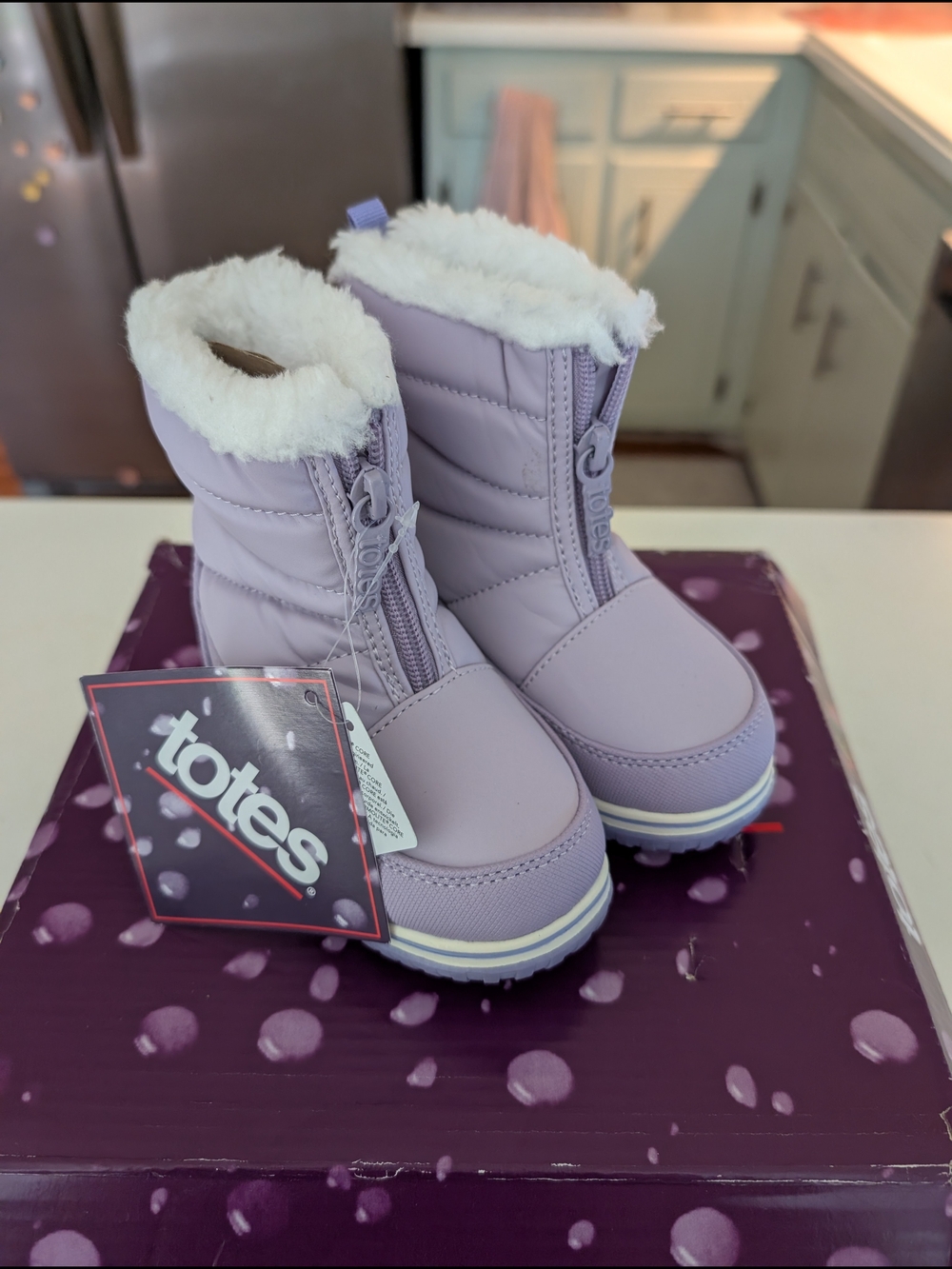totes Kids Lavender Winter Boots with White Faux Fur Trim